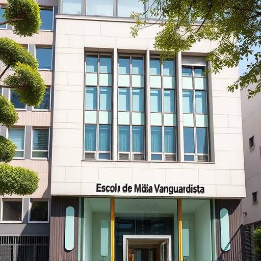 Foto da fachada do prédio da Escola de Mídia Vanguardista na Avenida Paulista, em São Paulo.