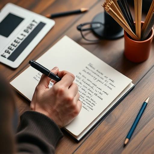 Miniatura do curso Roteiro para Vídeos: Uma pessoa escrevendo em um caderno com um roteiro de vídeo, cercada por equipamentos de filmagem, como câmeras e microfones.