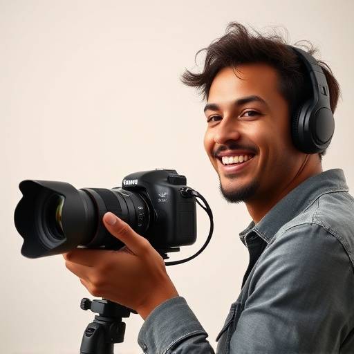Miniatura do curso Videoblogging para Iniciantes: Uma pessoa sorrindo enquanto grava um vídeo com uma câmera DSLR em um estüdio bem iluminado.